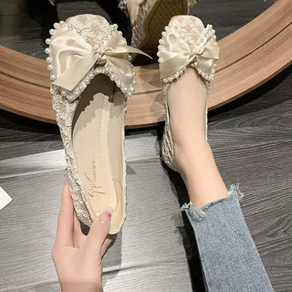 单鞋女2025年新款春小香风珍珠方头软底温柔平底浅口豆豆鞋奶奶鞋