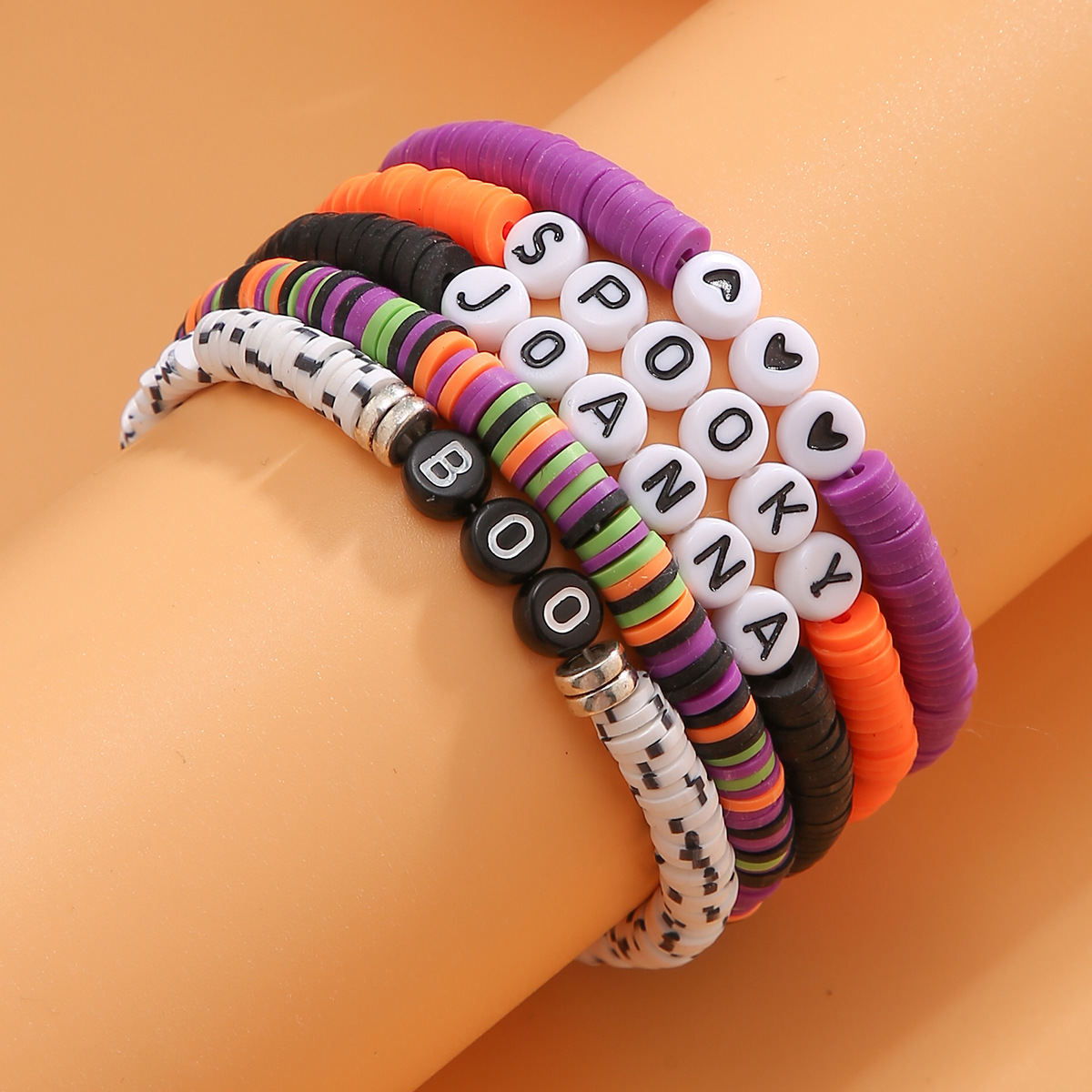 Bracelet de citrouille en perles d'Halloween, ensemble de bijoux de vacances en poterie souple, bracelet en dopamine élastique_voghion.com
