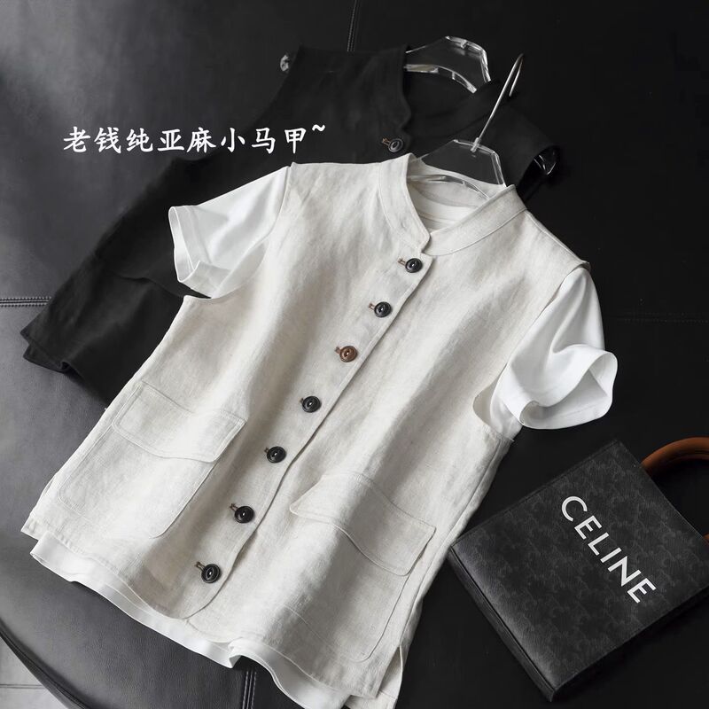 Vintage Style Pure Linen Sleeveless Stand-Collar Vest Top for Women in Spring