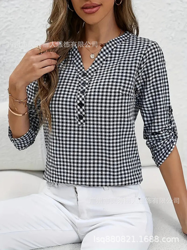 European and American Bestselling Spring and Autumn Women's Retro Elegant Checkered Striped Long-Sleeve Shirt