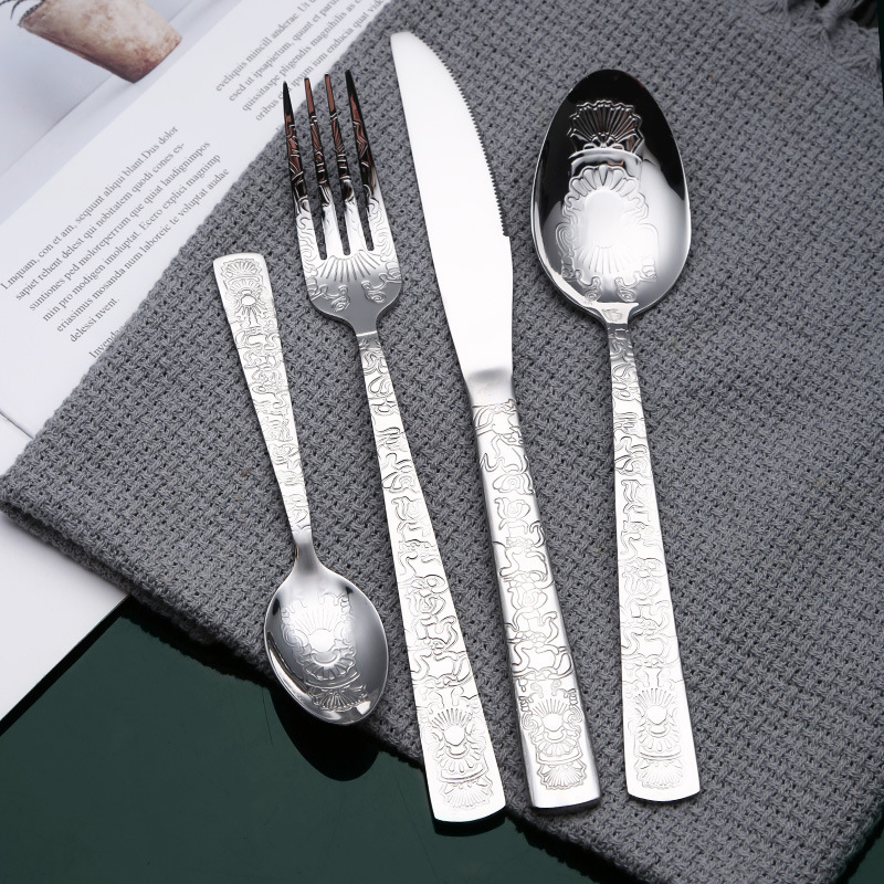 Amazon square handle stainless steel tableware suit pattern totem western steak knife fork spoon tea spoon 4-piece set of 5 people