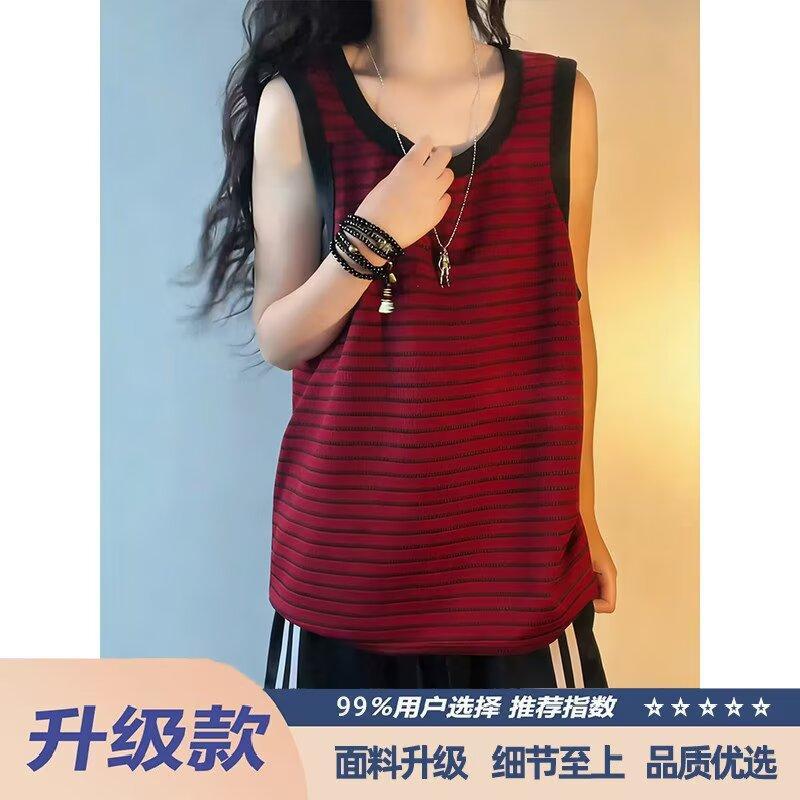 Red American-style casual striped sports tank top for men, summer sleeveless T-shirt, trendy brand fitness base layer vest