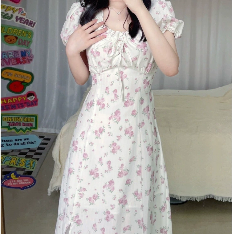 Французское ретро платье с цветочным принтом, элегантная летняя юбка с пышными рукавами и шнуровкой, новая Талия, облегающая