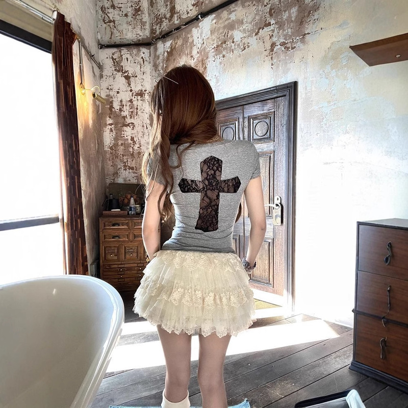 Pure Desire Style Cross Stitch Lace Hollow Short-sleeved T-shirt Women's Summer Hot Girl Slim-fit Slimming Dopamine Beautiful Top