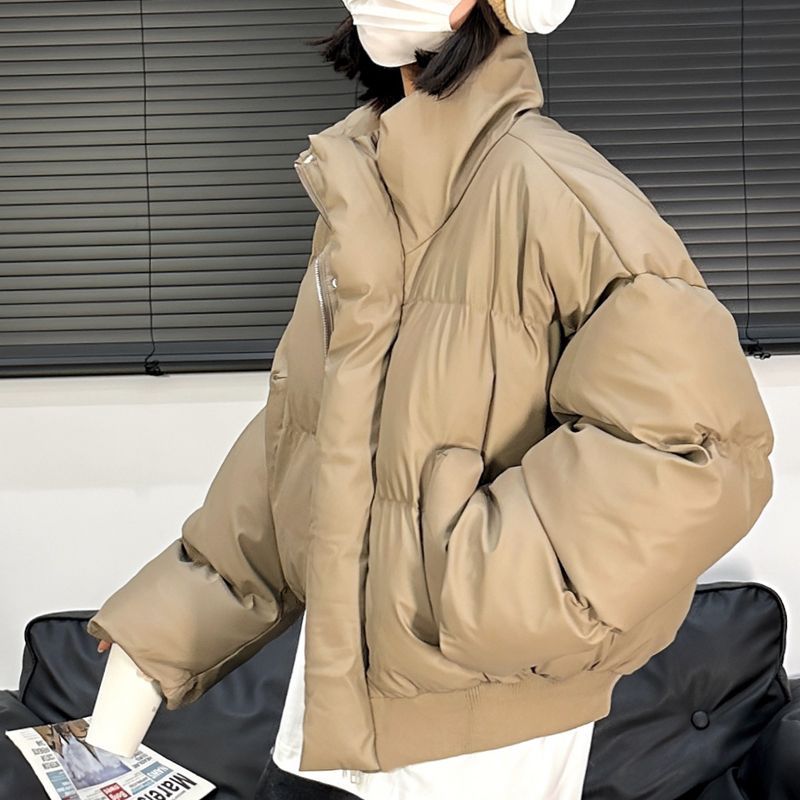 美式冬季复古PU皮宽松短款棉服男女立领小众高级加厚外套情侣棉衣