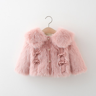 2024 winter new four bow sweater coat girls Korean lapel fur fleece-lined thickened