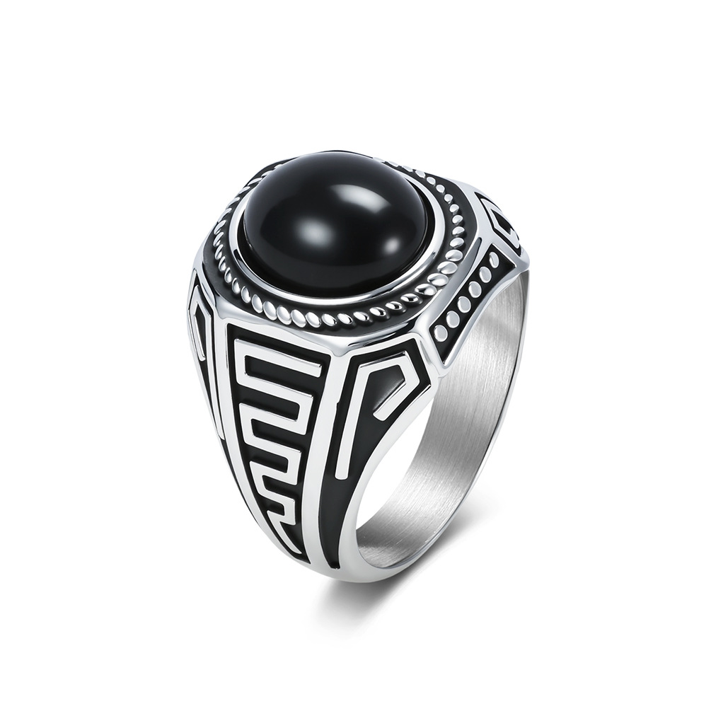 Herrenring aus Titanstahl im Retro-Stil mit schwarzem Edelstein, kunstvoll gestalteter, hochwertiger Zeigefingerring_voghion.com