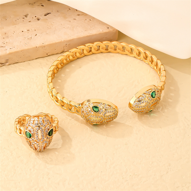 Parure de bijoux serpentine pleine de diamants, bague bracelet en zircon, personnalité de luxe légère, tête de léopard de l'industrie lourde_voghion.com