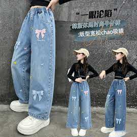 女童新款春装百搭格子蝴蝶刺绣牛仔裤女宝宝韩版休闲潮流裤子童装