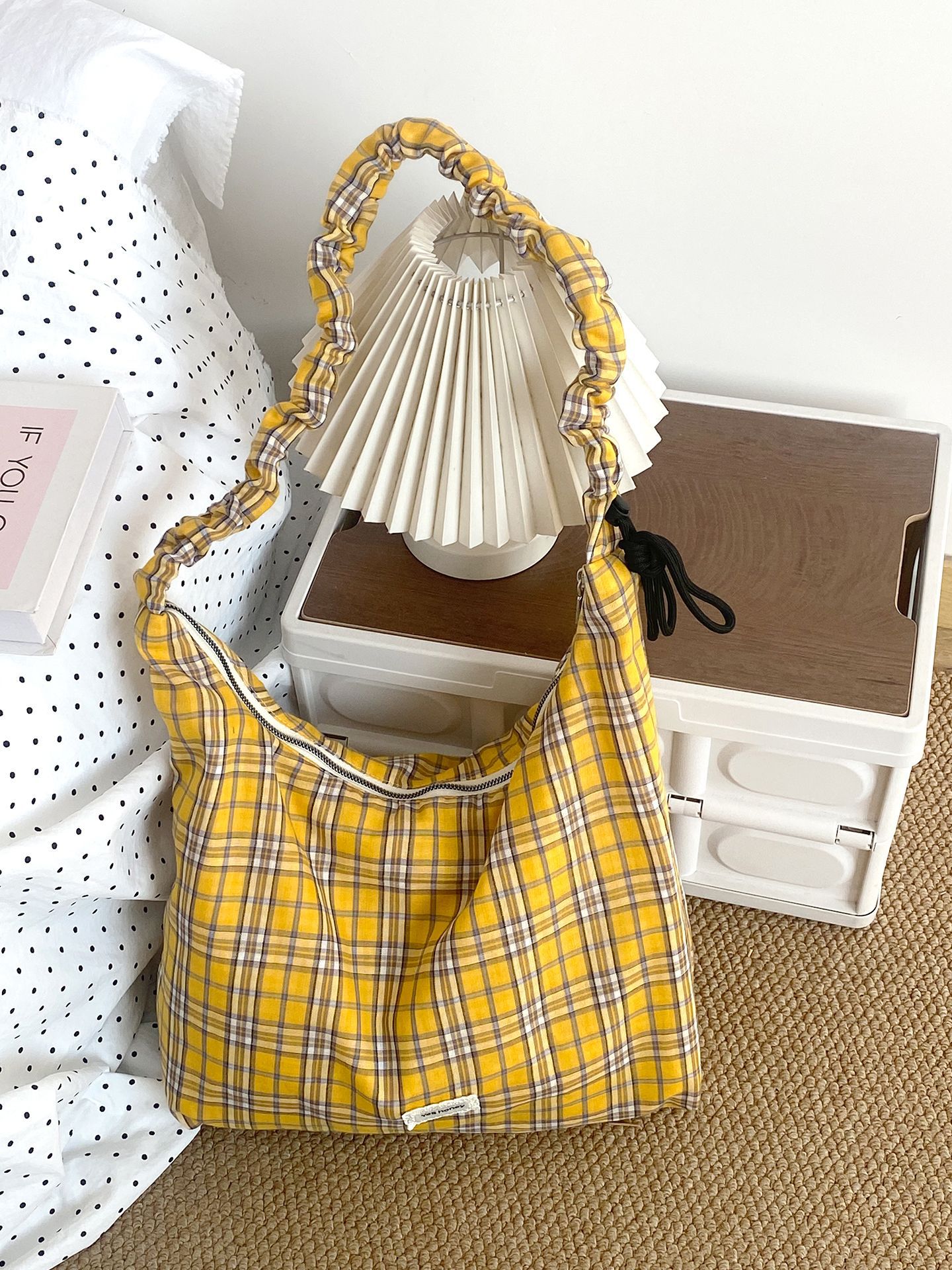 Korean Style Plaid Pleated Crossbody Bag - Large Capacity Academy Style Versatile Shoulder Bag For Women, Spring/Summer Fabric Bag - Thumbnail 7