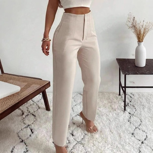 New apricot Tight High Waist Wide Leg Casual Cropped Pants Cross-border Straight Casual Pants