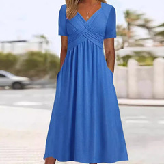 跨境2024秋季新款亞馬遜時尚純色V領短袖口袋個性連衣裙女裝