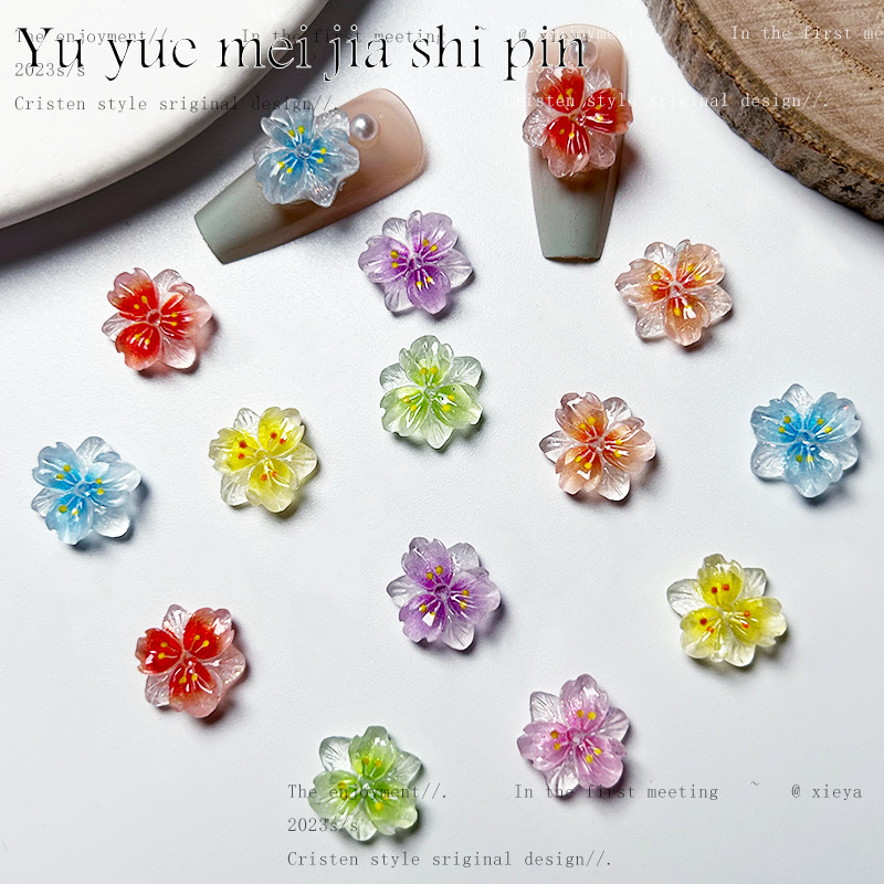 Ice-Clear Smudged Sansheng Peach Blossom Nail Art Jewelry Luminous Colorful Gradient Small Flowers Cream Glue Hairpin DIY Material Ice-Clear Smudged Sansheng Peach Blossom Nail Art Jewelry Luminous Colorful Gradient Small Flowers Cream Glue Hairpin DIY Material