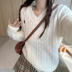 ツイスト V ネックプルオーバー長袖ニットセーター女性のレトロ刺繍新 ins2025 秋冬トップ多用途長袖