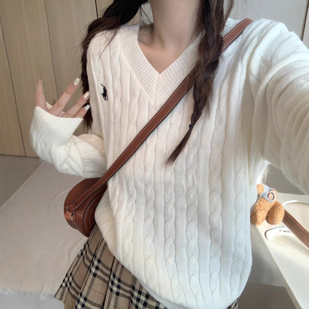 Twist V-Neck Pullover Long-Sleeved Knitted Sweater for Women Retro Embroider New Ins2025 Autumn and Winter Tops Versatile Long-Sleeved