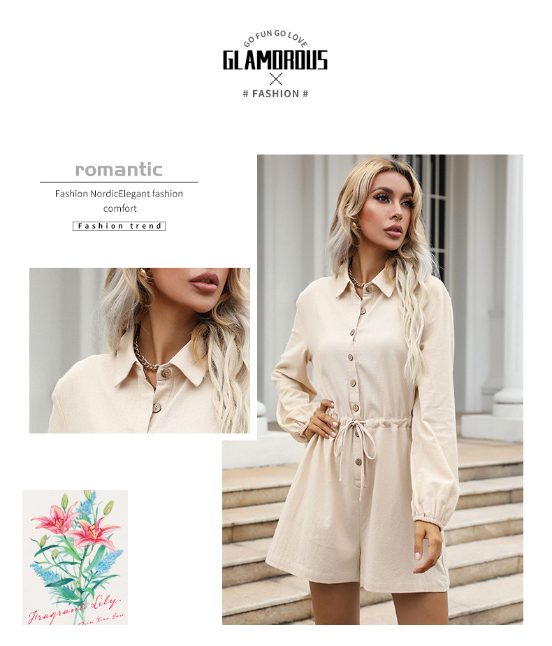 Solid Color Lapel Drawstring Wide-leg Shorts Jumpsuit_voghion.com