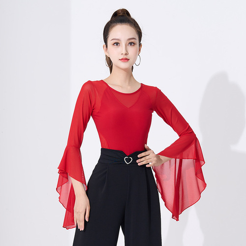 Modern dance top Latin dance practice national standard ballroom dance jitterbug fashion dance top trumpet sleeve performance clothing