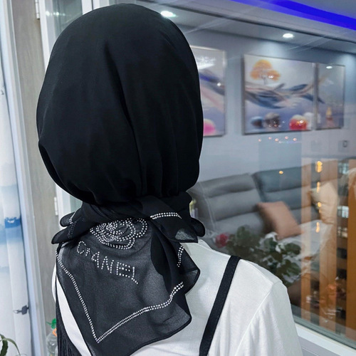 Special Black Chiffon Arab Middle Eastern Headscarf Malaysian Scarf Cross-border Headwrap Hui Muslim Women's New Rhinestone Headscarf