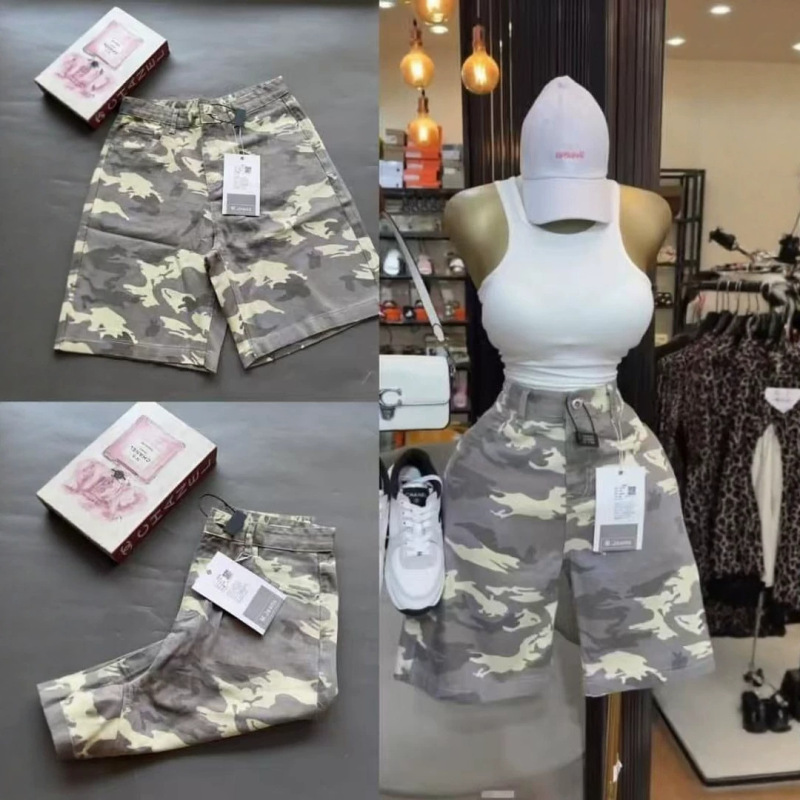 Amazon American Retro Camouflage Mid-Waist Loose Straight Wide-Leg Jeans Hot Girl Shorts Cross-Border