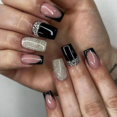 Mid-Long European Style Sweet and Cool Black French Plain Nail with Sparkling Silver Powder, Spicy Diamond Accents