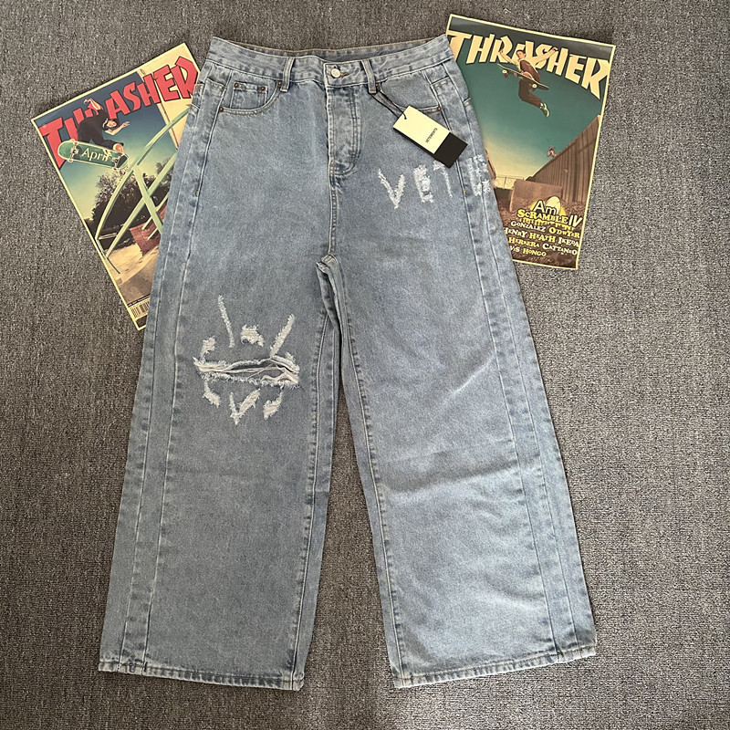 Vet American Retro Style Large Ripped Oversized Loose Jeans Trendy Hip-Hop Wide-Leg Floor-Length Denim Pants for Men Vet American Retro Style Large Ripped Oversized Loose Jeans Trendy Hip-Hop Wide-Leg Floor-Length Denim Pants for Men