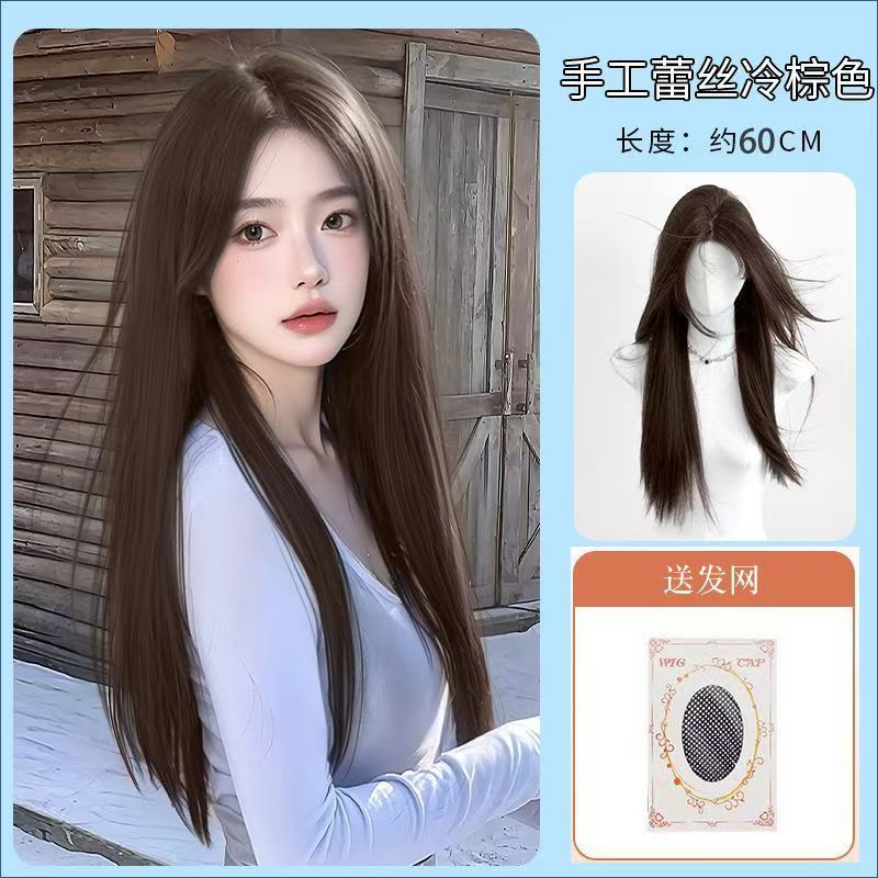 [lace style] medium-parted straight hair, cool brown + hair net
