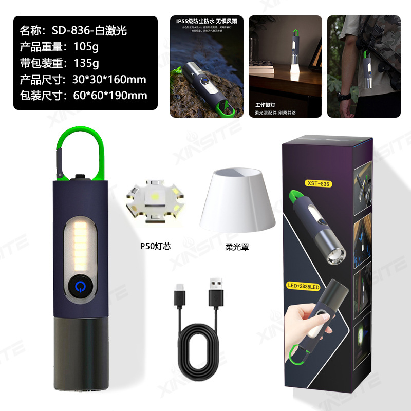 Nueva linterna transfronteriza multifuncional luz cálida luz lateral al aire libre impermeable brillante blanco láser reflector linterna portátil