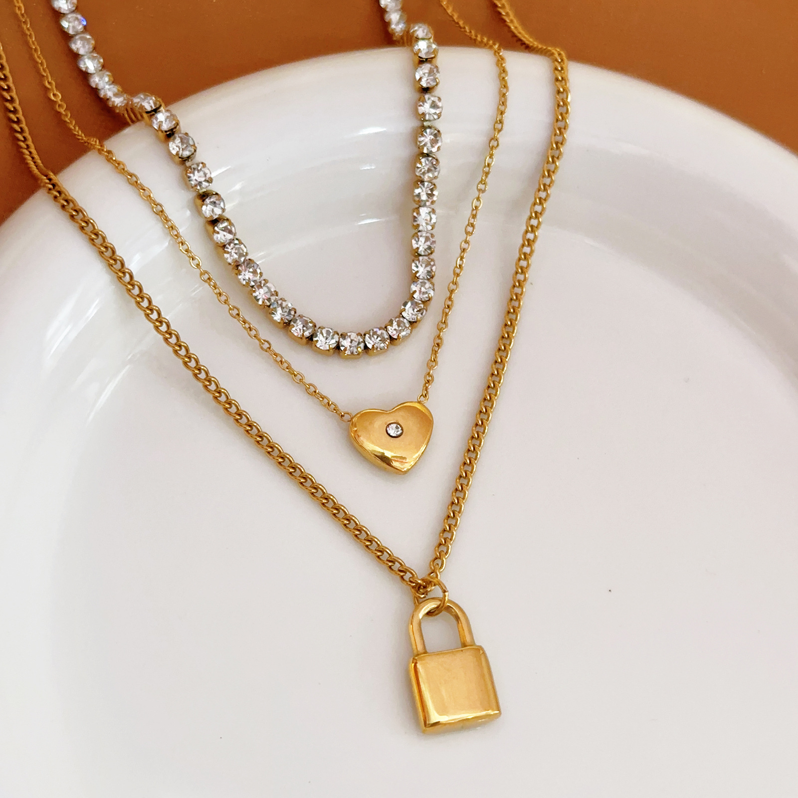 Collar de celebridades de Internet de moda transfronteriza Joyas de doble capa Mezcla cuadrada de circón, acero de titanio, cadena desnuda, pulsera que no se desvanece, pulsera femenina