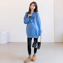 秋冬孕妇装时尚韩版针织毛衣宽松弹力卡通图案圆领针织毛衣中长款