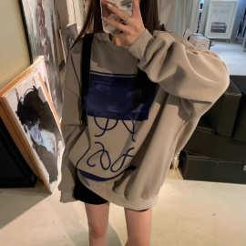 灰色圆领卫衣女秋冬装加绒加厚2024年新款宽松休闲慵懒风长袖上衣