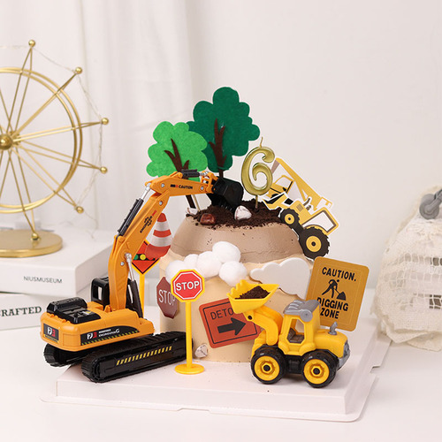 Excavator cake decoration ornaments roadblock sign plug-in felt tree plug-in card one-year-old children's birthday dress