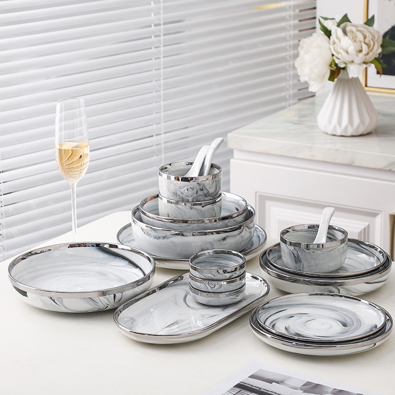 Light Luxury Fashion Silver Edge Tableware Set Combination Simple Marble Hotel Household Bowl Plate Dish New Ceramic Tableware