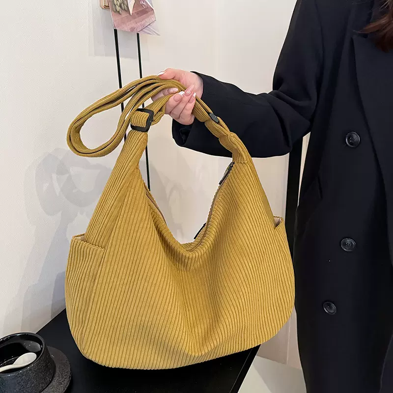 日韩ins条绒斜挎包包女大容量学生文艺百搭单肩包时尚通勤托特包