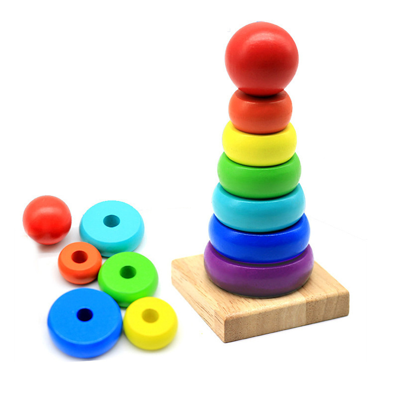 Pila de madera Dile para bebés y niños pequeños Educación temprana para bebés Juguetes de inteligencia útiles Cubierta de capas de arco iris Cubierta de torre Columna de anillo