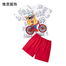 外贸童装男童夏季套装欧美新款中小童短袖家居服两件套卡通休闲服