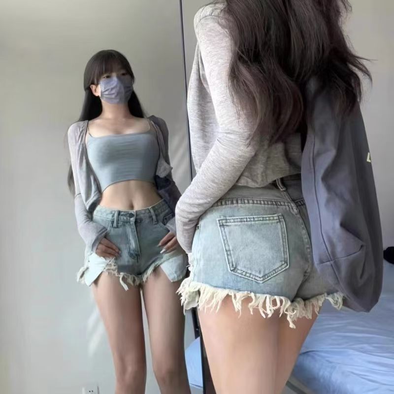 Straight-Leg Ripped Slimming Vintage Low-Rise Short Wide-Leg Summer Hot Pants Frayed Denim Shorts for Women Retro