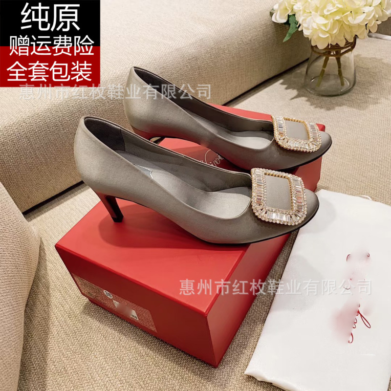 2025 new rv high heels square buckle diamond buckle single shoes satin shallow mouth round head Wang Manni with mid heel professional shoes