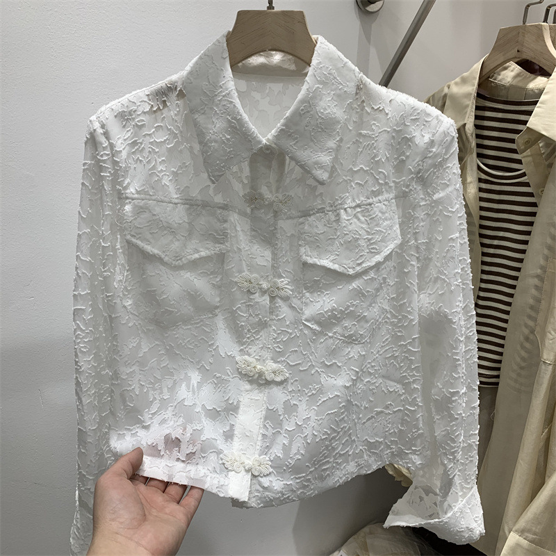 欧货长袖薄款蕾丝衬衫外套女2024年夏季新款设计感刺绣小透短外套