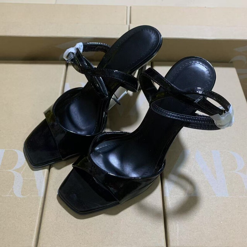 Za2025 European and American Export New Women's Shoes Square Toe Cross Strap Patent Leather Stiletto Heels