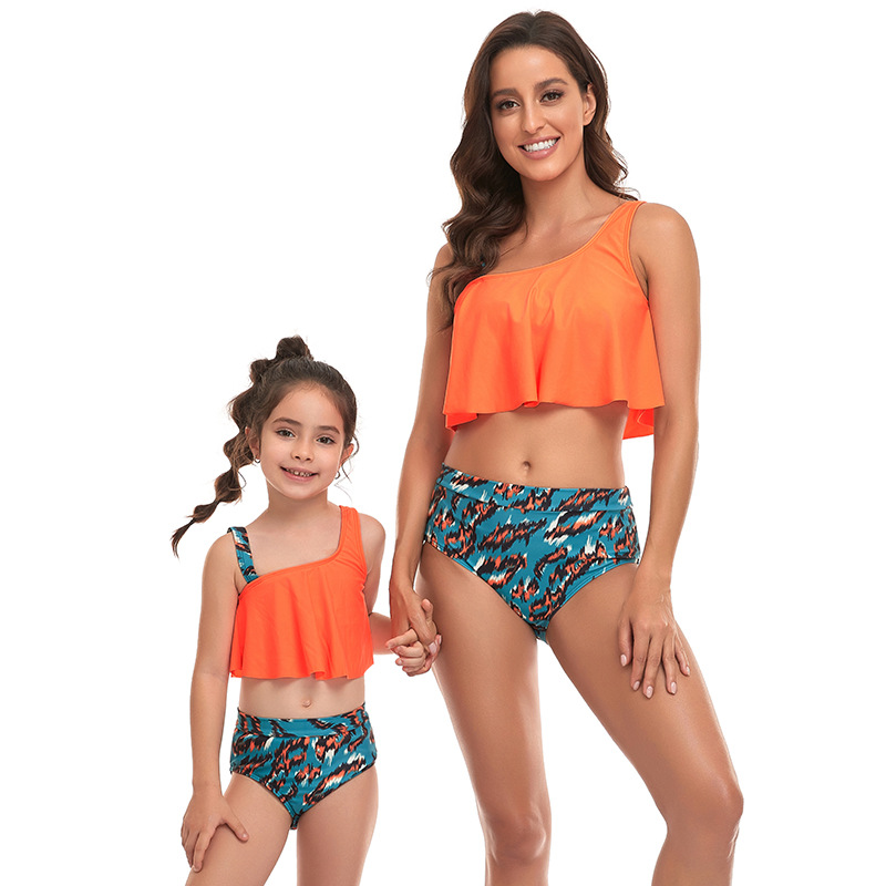 Estampado de un solo hombro con volantes de cintura alta conjunto de Tankini para padres e hijos NSHYU121352