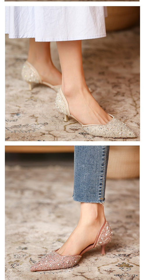 Giày cao gót nữ mũi nhọn đính đá pha lê, gót vừa 3–6 cm, miệng nông khoét lỗ — Màu hồng, Màu mơ chi tiết 9