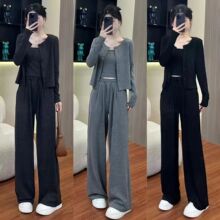 三件套女春秋新款开衫吊带阔腿裤显瘦休闲运动套装串珠金华其他