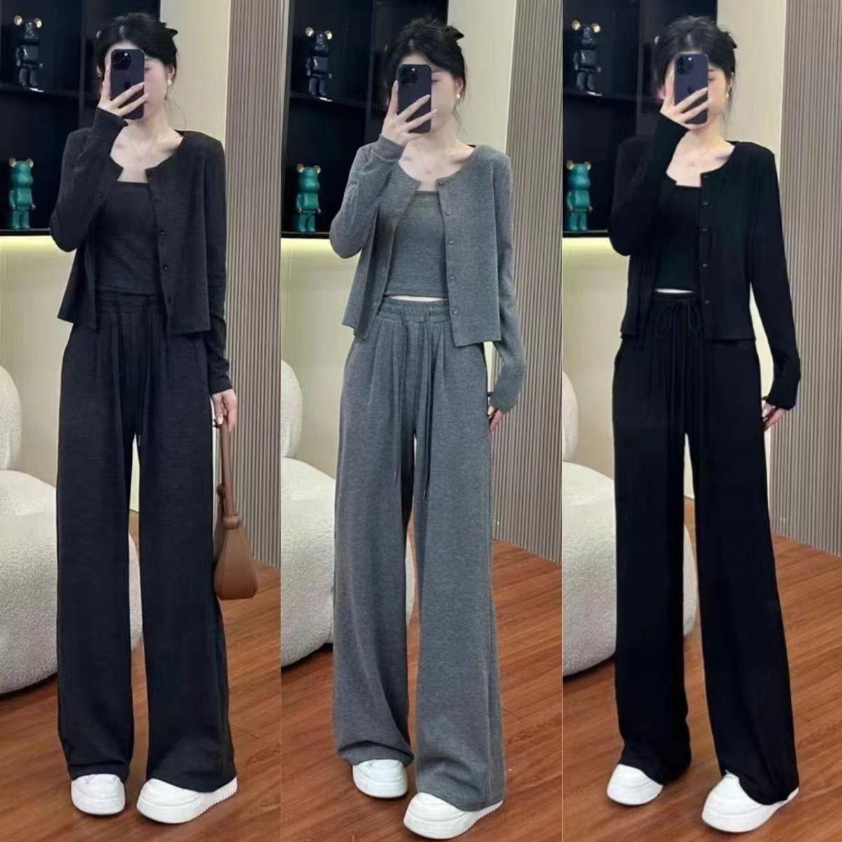 三件套女春秋新款开衫吊带阔腿裤显瘦休闲运动套装串珠金华其他