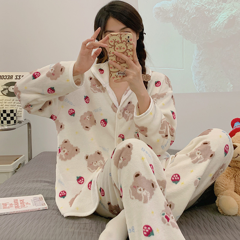 Pijamas de franela al por mayor transfronterizos de otoño y invierno para mujeres nuevas camisetas de calentamiento gruesas se pueden usar con ropa de hogar de dos piezas