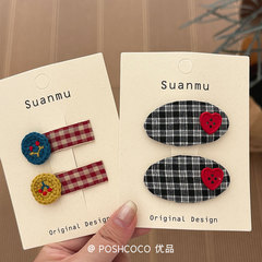 韓国風超甘いチェリー刺繍チェック柄BBクリップ1組、サイドヘアクリップ、前髪クリップ、女性用ヘアアクセサリー