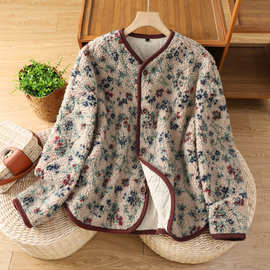实拍2025休闲秋冬新款大码女装洋气小花保暖羊羔绒单排扣上衣女