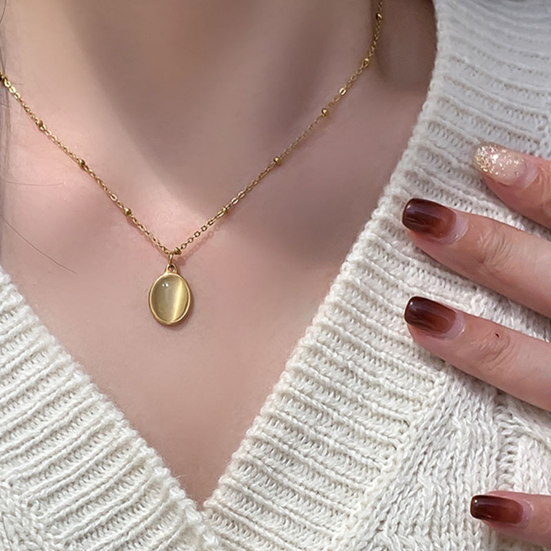 Daily Occasion Wholesale Jewelry Casual Simple Style Oval Titanium Steel Cat's Eye Stone Plating Inlay Pendant Necklace