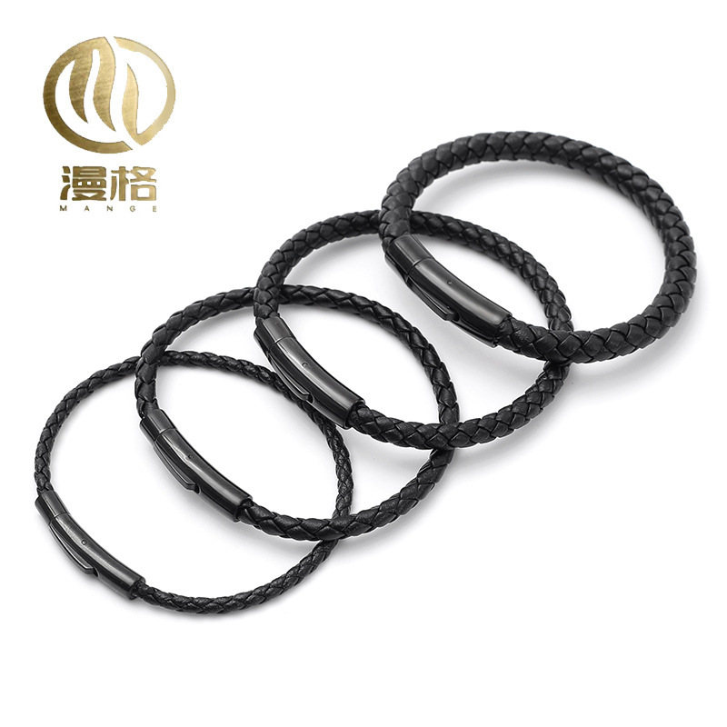Stainless Steel Snap Leather Rope Bracelet for Men and Women, Wearable Transfer Bead Bracelet, Black Braided Leather Bracelet, Simple, Fashionable and Trendy Stainless Steel Snap Leather Rope Bracelet for Men and Women, Wearable Transfer Bead Bracelet, Black Braided Leather Bracelet, Simple, Fashionable and Trendy