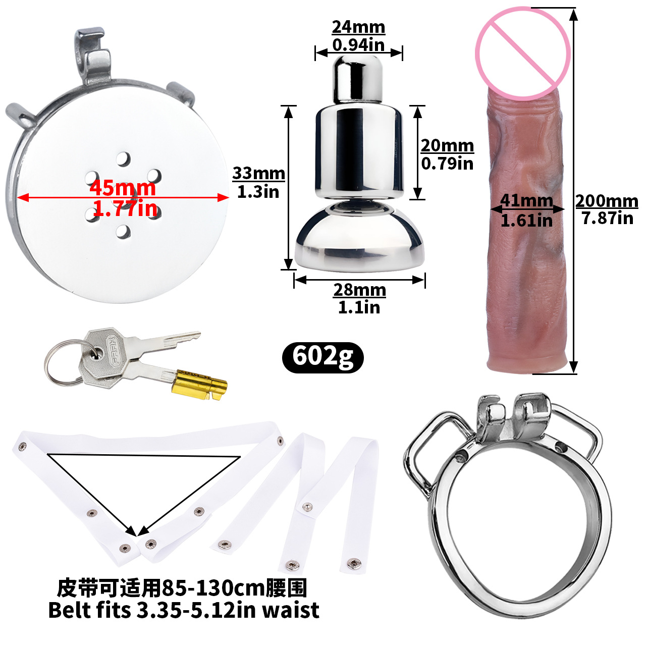 [3176a] k-04a 40mm arc ring + urine support base + l size penis + pu-5 white elastic belt