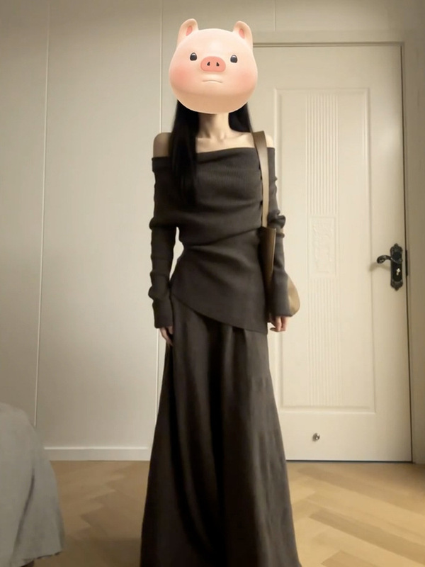 一字肩黑色针织连衣裙子女装早秋季2025新款小个子巨好看套装长裙|undefined
